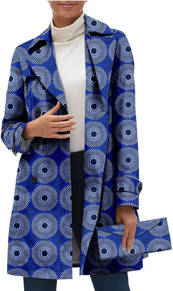 African Women Casual Coat Ankara Print Open Front Long Blazer Jacket Dashiki Outwear Matching Handbag