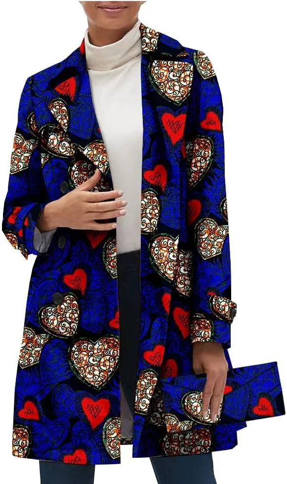 African Women Casual Coat Ankara Print Open Front Long Blazer Jacket Dashiki Outwear Matching Handbag