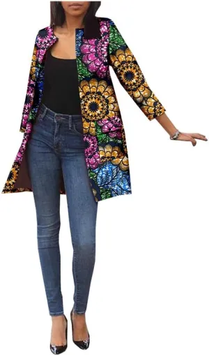 African Women's Coats Ankara Print Long Sleeve Jacket Top Dashiki Casual Trench Coat Outwear