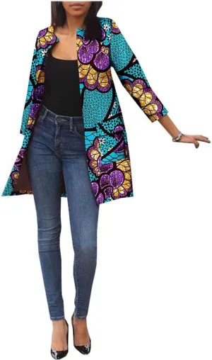 African Women's Coats Ankara Print Long Sleeve Jacket Top Dashiki Casual Trench Coat Outwear