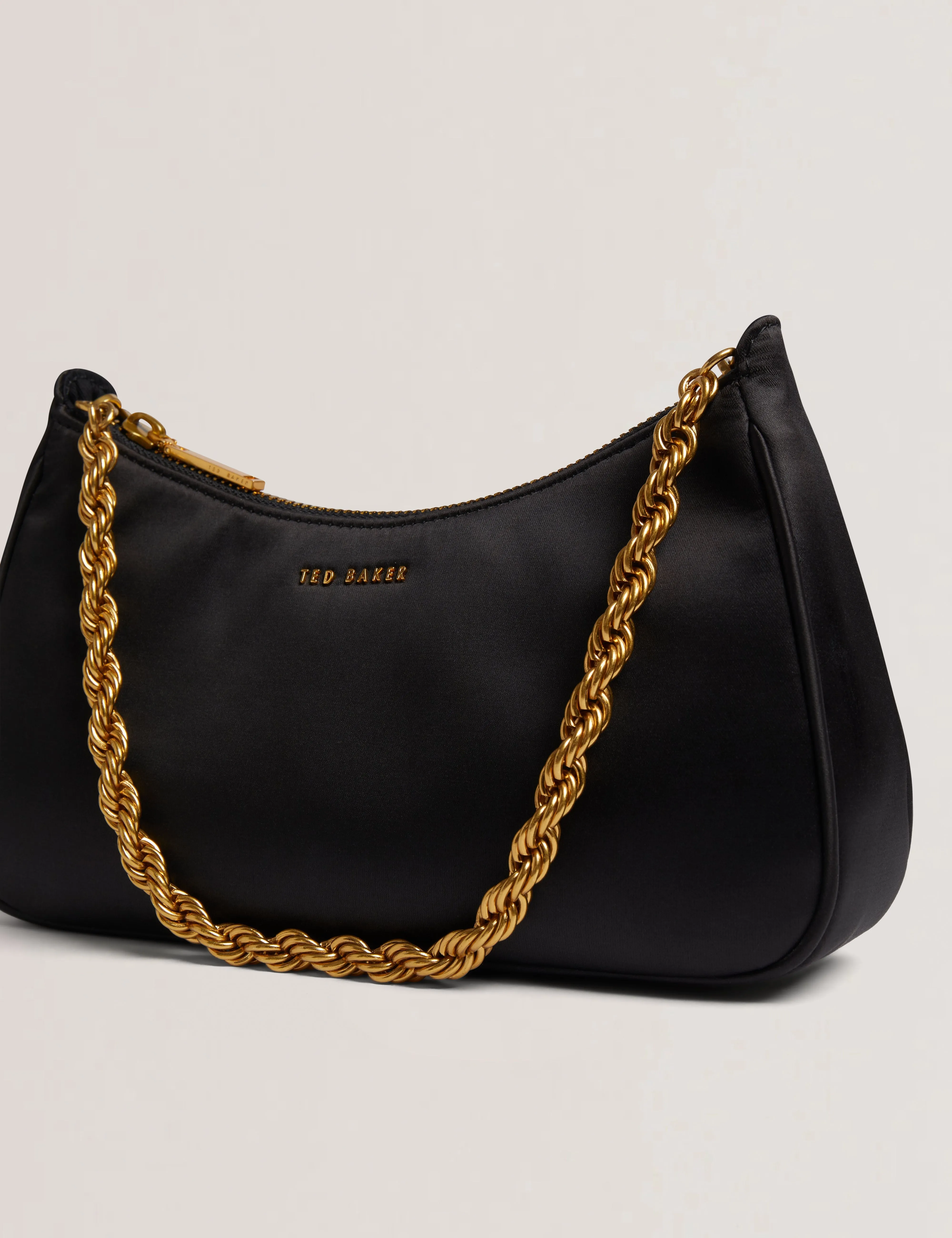Agnise Chain Detail Satin Shoulder Bag Black