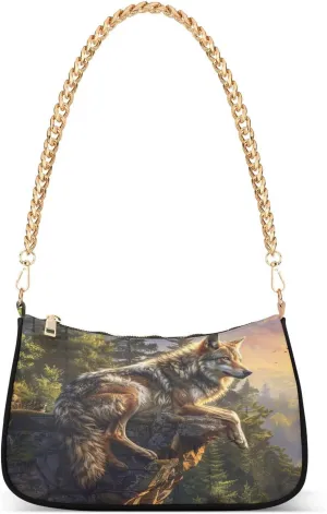 ALAZA Wild Wolf Cliff Forest Shoulder Bag Purse for Women Tote Handbag with Zipper Closure