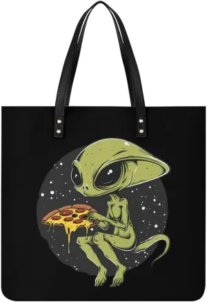 Alien Eating Pizza Leather Tote Bag for Women Men Shoulder Bag Casual Handbag Work Bag 39x39cm