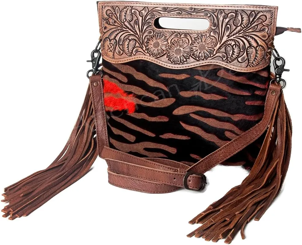 American Darling ADBGS146A Clutch Hand Tooled Hair On Genuine Leather Women Bag Western Handbag Purse
