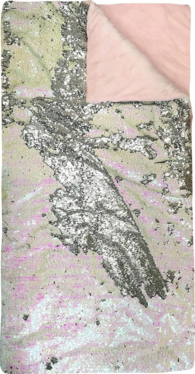 American Kids Idea Nuova Super Cozy Reversible Sequin Sleeping Slumber Bag, Royal Plush & Luxurious Dazzle - Pink, 54” L x 28” W