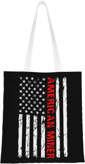 American Miner Patriot Day Flag Tote Bag for Women Canvas Shopping Bags Reusable Large Capacity Casual Shoulder Handbags Grocery Bags DIY Gift Bags