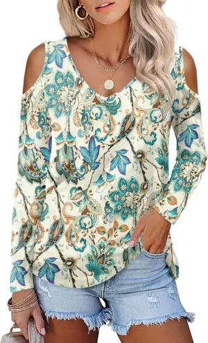 Amoretu Womens Long Sleeve Cold Shoulder Tops V Neck T Shirts Dressy Casual