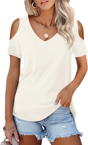 Amoretu Womens Short Sleeve Cold Shoulder Basic Tee Tops Shirts