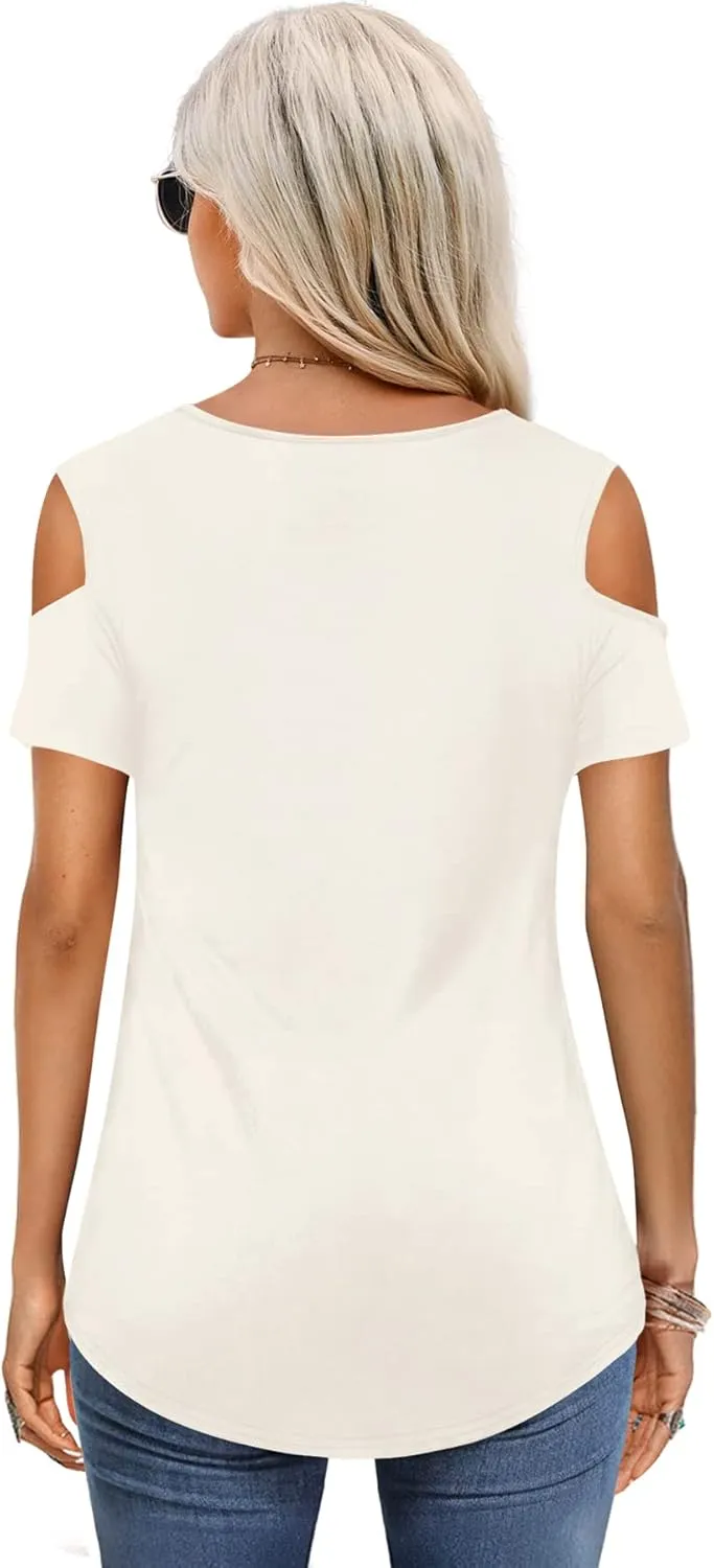Amoretu Womens Short Sleeve Cold Shoulder Basic Tee Tops Shirts