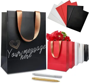 Anavego 6 First-Class Colored Gift Bags with Metallic Markers for Personalization & Tissue Paper. Medium Size 8x10″. Matte & Sturdy. Handles From Gold Satin. Black Red White Bags for Birthday