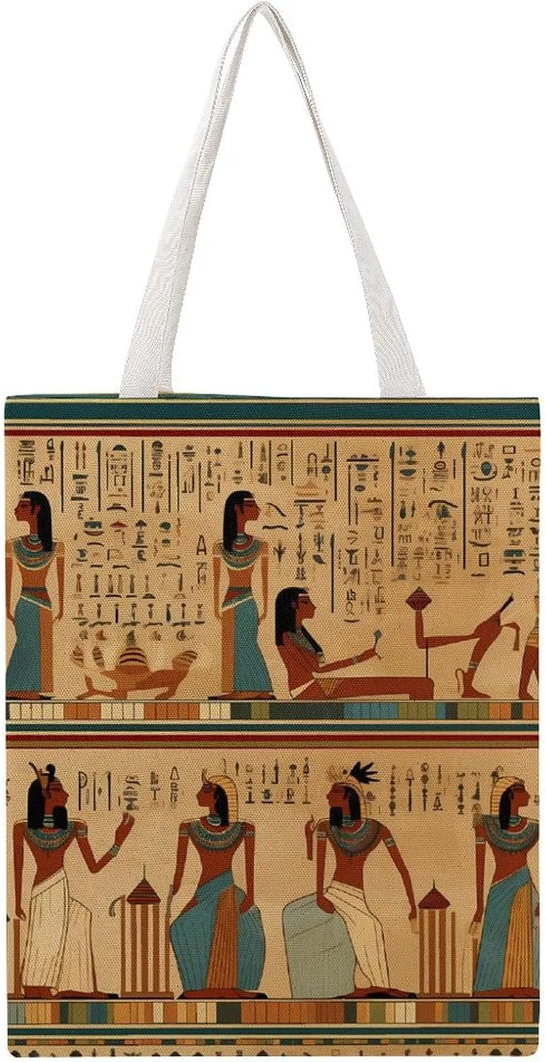 Ancient Egypt Hieroglyphics Print Pharaoh Canvas Tote Bag Reusable Grocery Shopping Bag Lightweight Shoulder Bag for Men Women