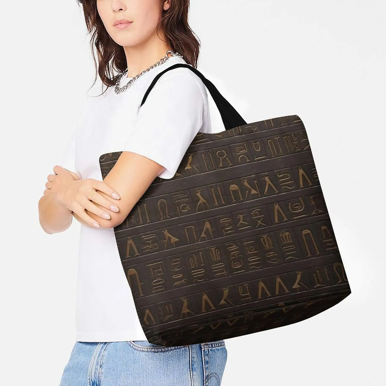 Ancient Egyptian Hieroglyph Tote Bag for Women Reusable Grocery Shoulder Bags Shopping Bag for Travel, Groceries