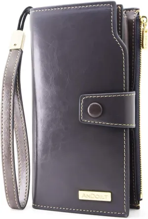 ANDOILT Women's RFID Blocking Large Capacity Luxury Wax Genuine Leather Clutch Wallet Card Holder Organizer Ladies Purse
