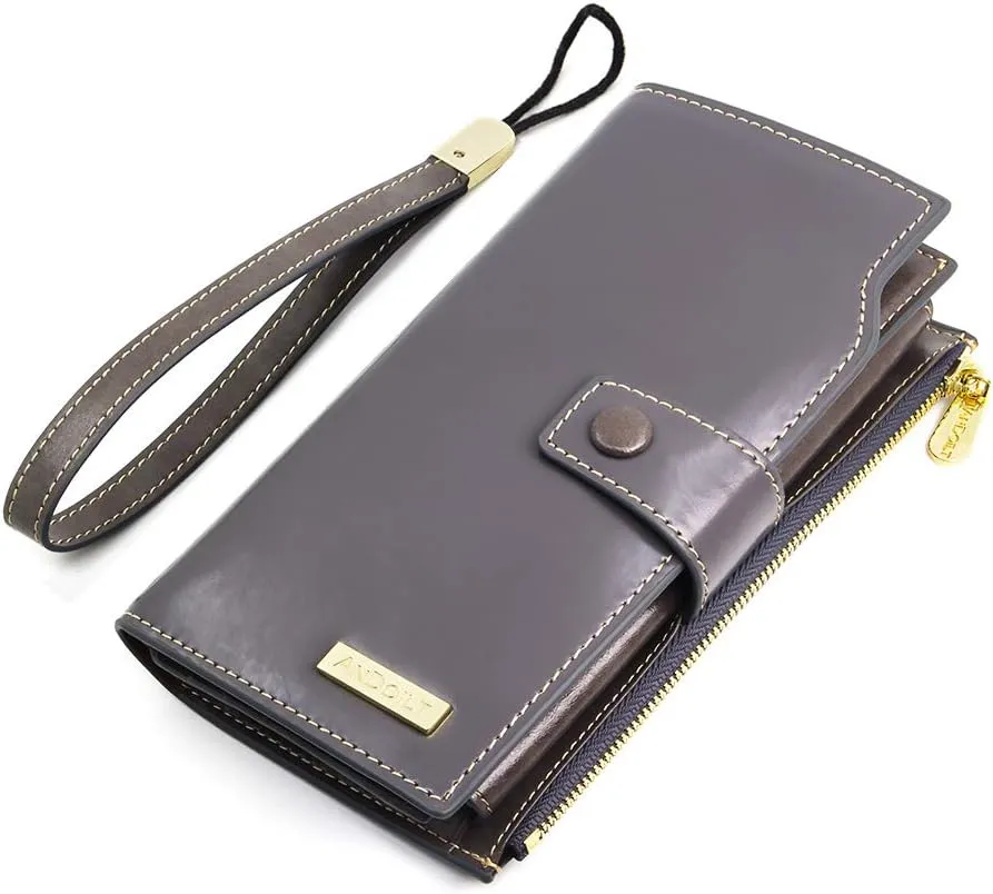 ANDOILT Women's RFID Blocking Large Capacity Luxury Wax Genuine Leather Clutch Wallet Card Holder Organizer Ladies Purse