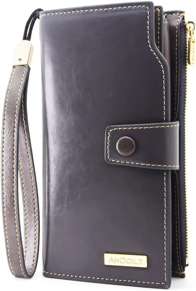 ANDOILT Women's RFID Blocking Large Capacity Luxury Wax Genuine Leather Clutch Wallet Card Holder Organizer Ladies Purse