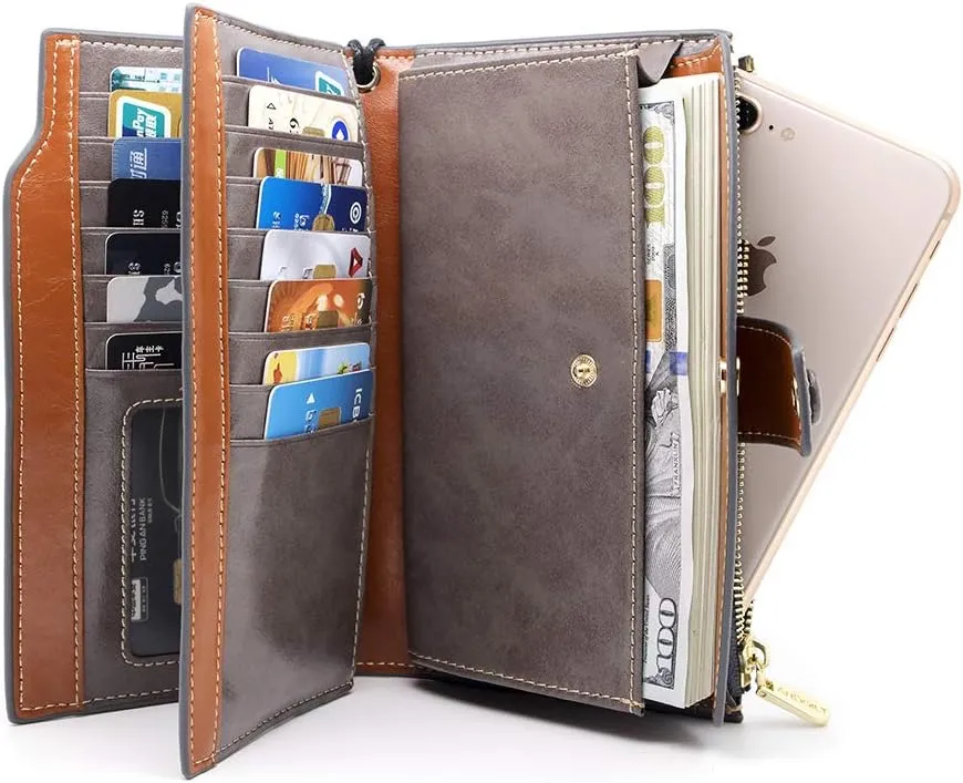 ANDOILT Women's RFID Blocking Large Capacity Luxury Wax Genuine Leather Clutch Wallet Card Holder Organizer Ladies Purse