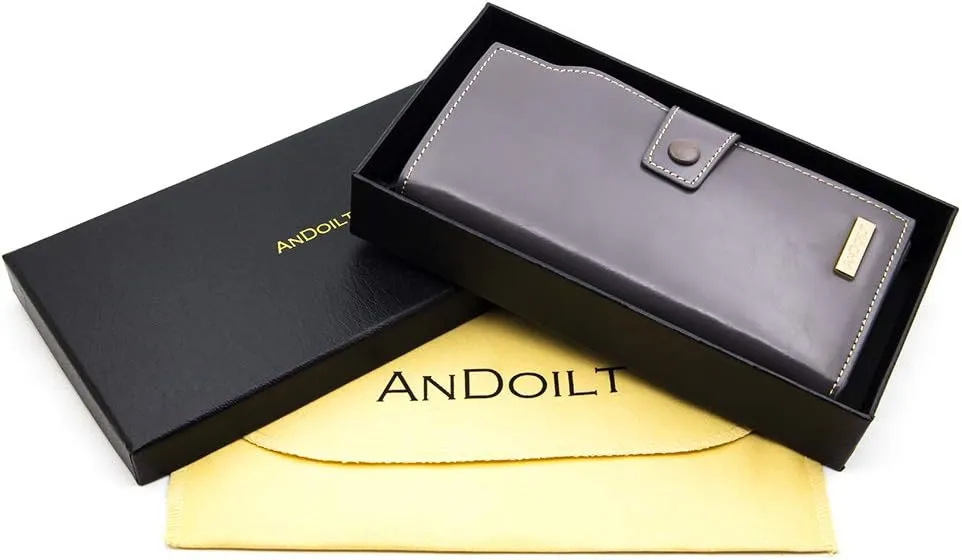 ANDOILT Women's RFID Blocking Large Capacity Luxury Wax Genuine Leather Clutch Wallet Card Holder Organizer Ladies Purse