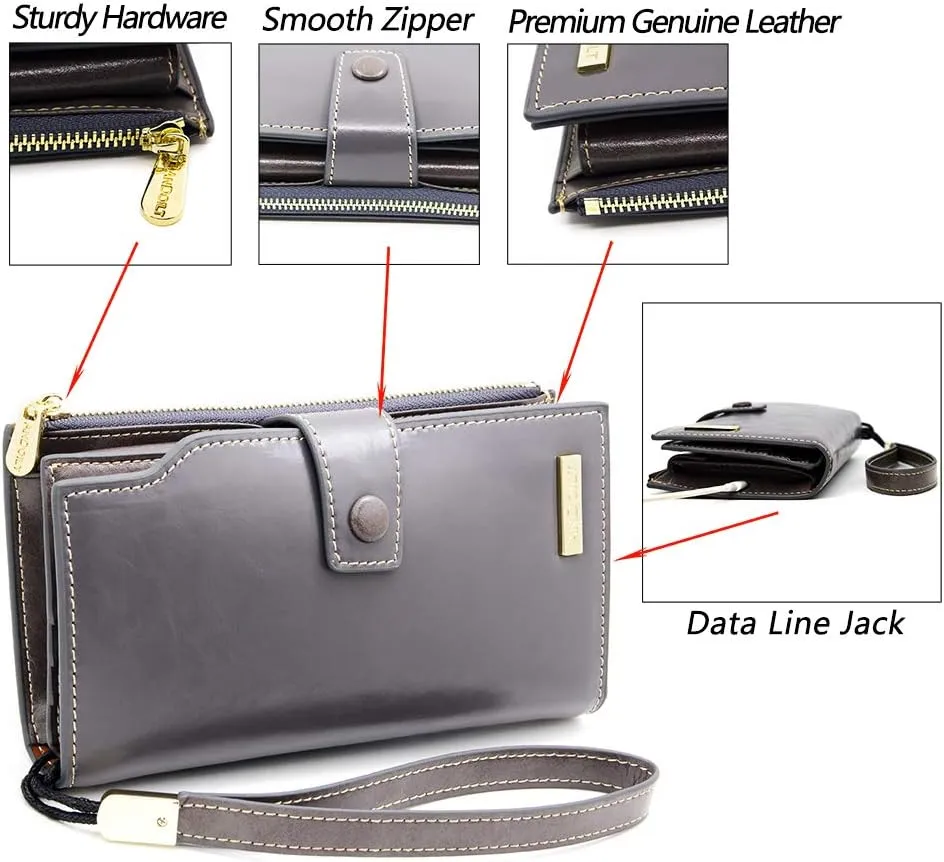 ANDOILT Women's RFID Blocking Large Capacity Luxury Wax Genuine Leather Clutch Wallet Card Holder Organizer Ladies Purse