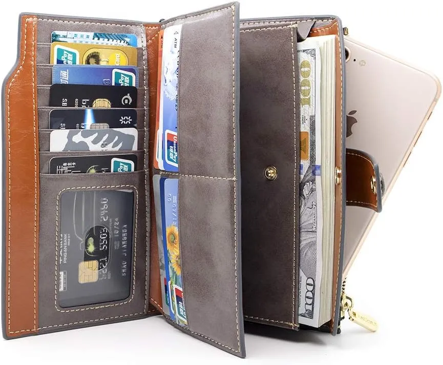 ANDOILT Women's RFID Blocking Large Capacity Luxury Wax Genuine Leather Clutch Wallet Card Holder Organizer Ladies Purse