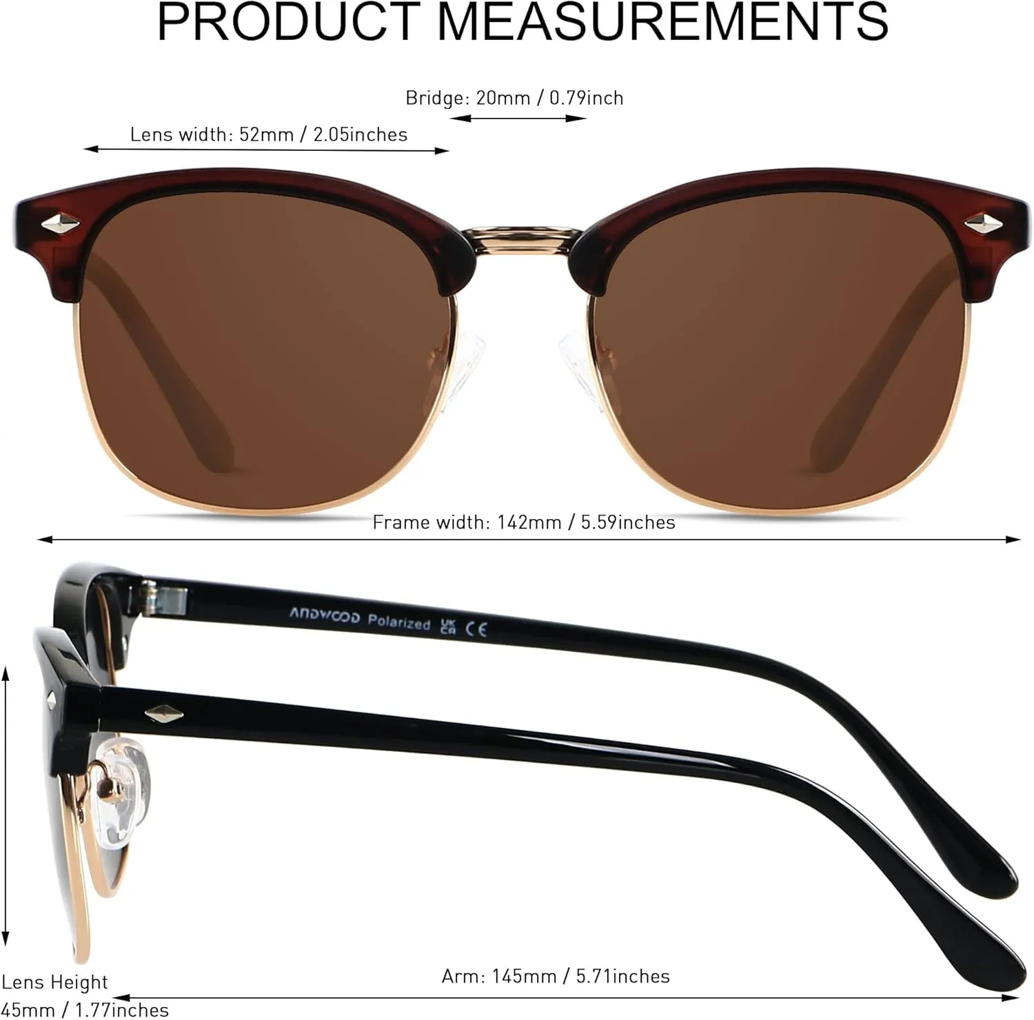 ANDWOOD Polarized Sunglasses for Men Women UV Protection Semi Rimless Sun glasses Classic Half Frame