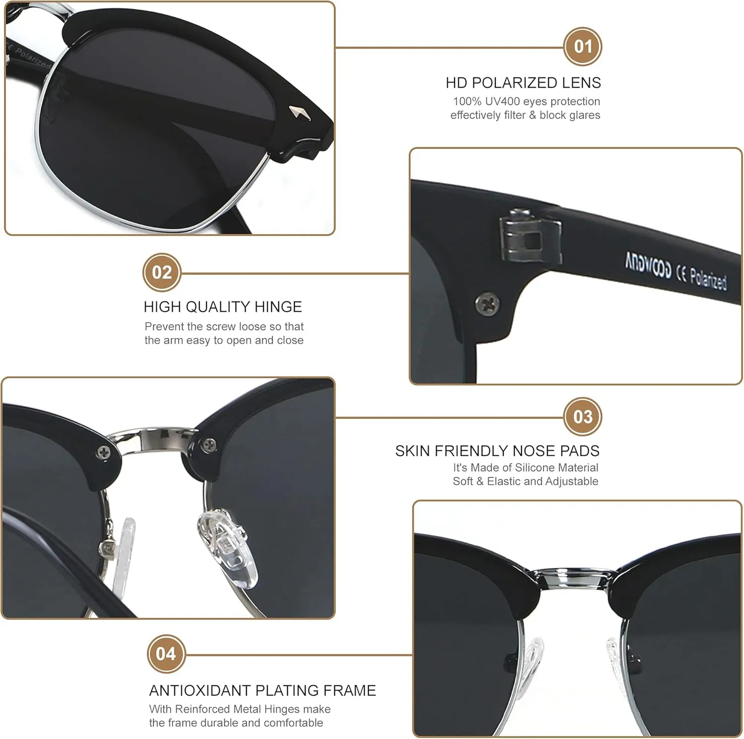 ANDWOOD Polarized Sunglasses for Men Women UV Protection Semi Rimless Sun glasses Classic Half Frame