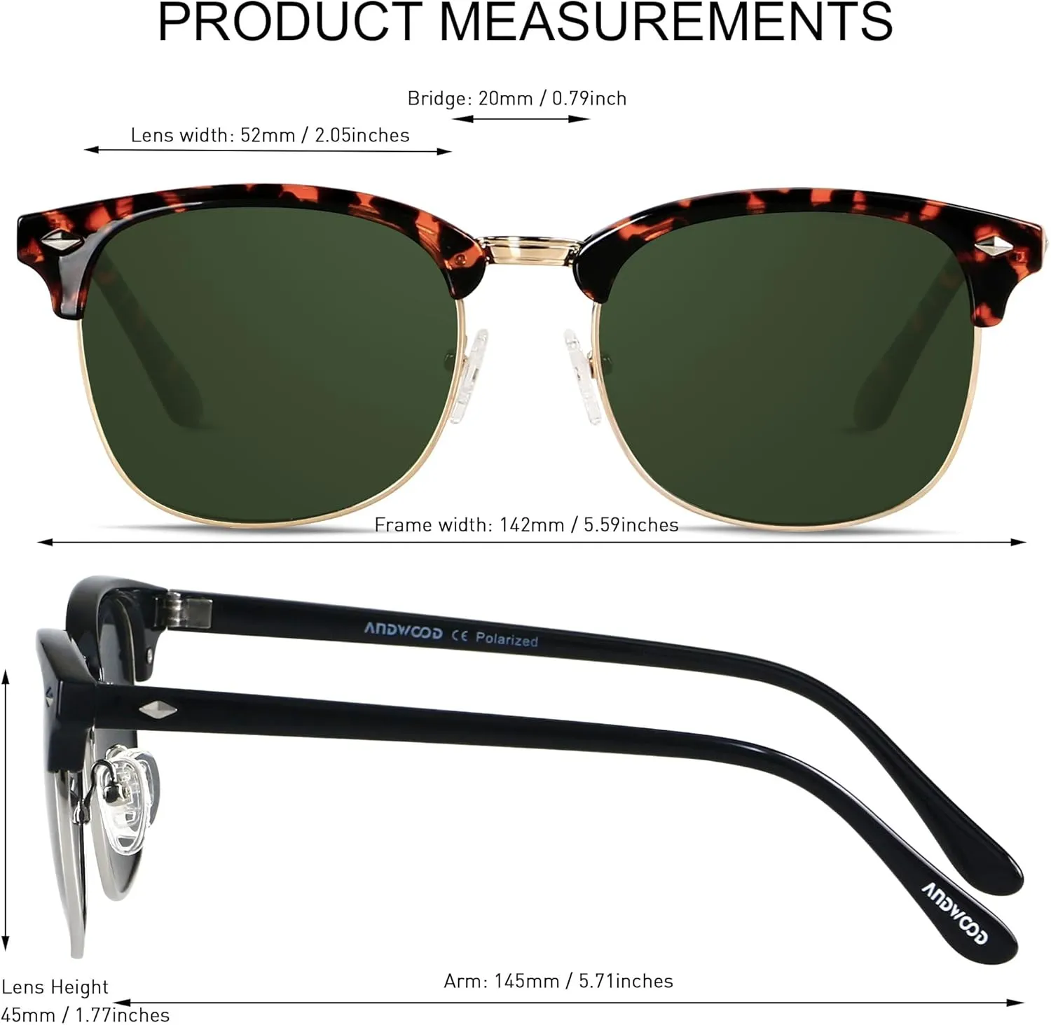 ANDWOOD Polarized Sunglasses for Men Women UV Protection Semi Rimless Sun glasses Classic Half Frame