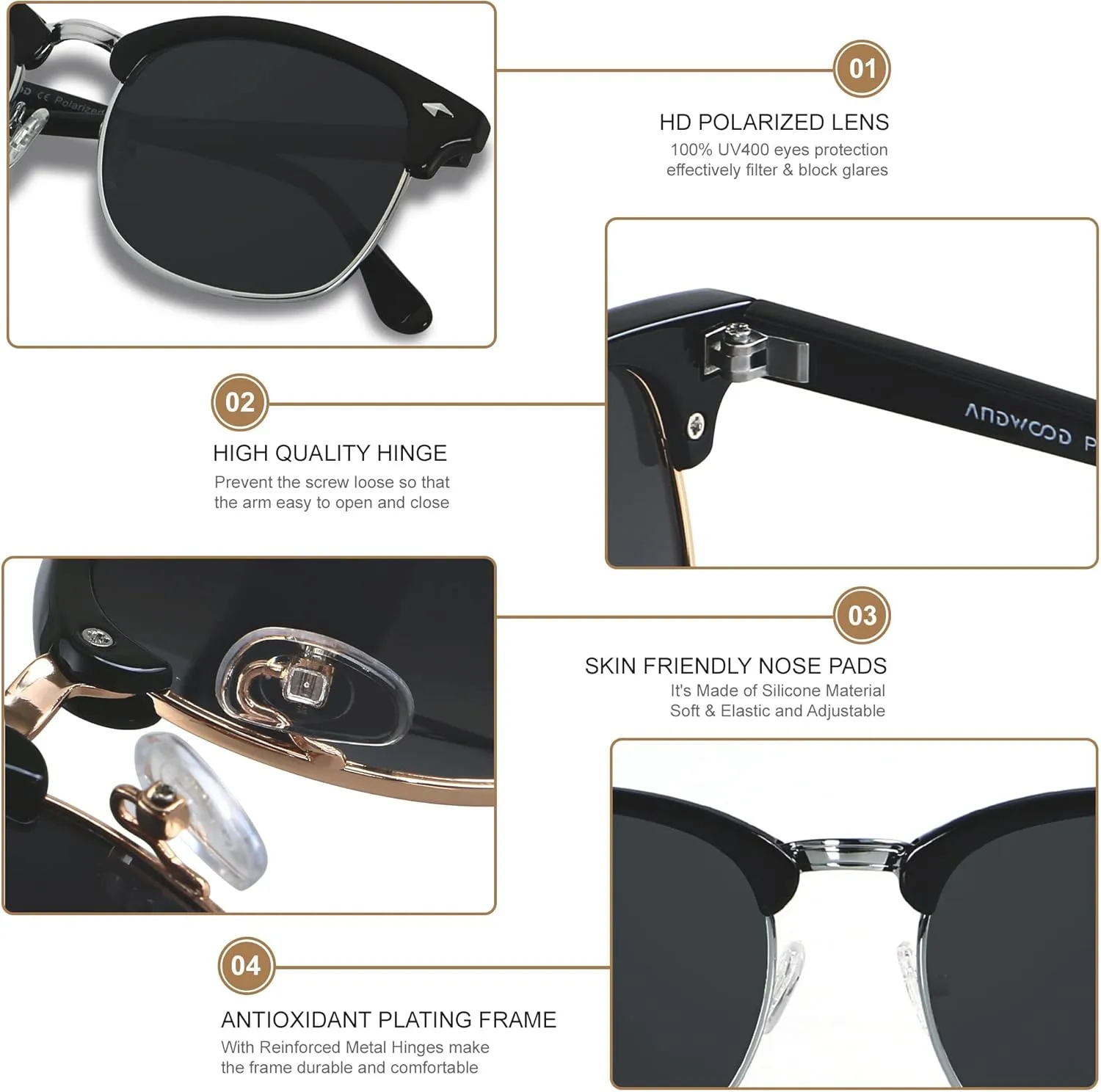 ANDWOOD Polarized Sunglasses for Men Women UV Protection Semi Rimless Sun glasses Classic Half Frame