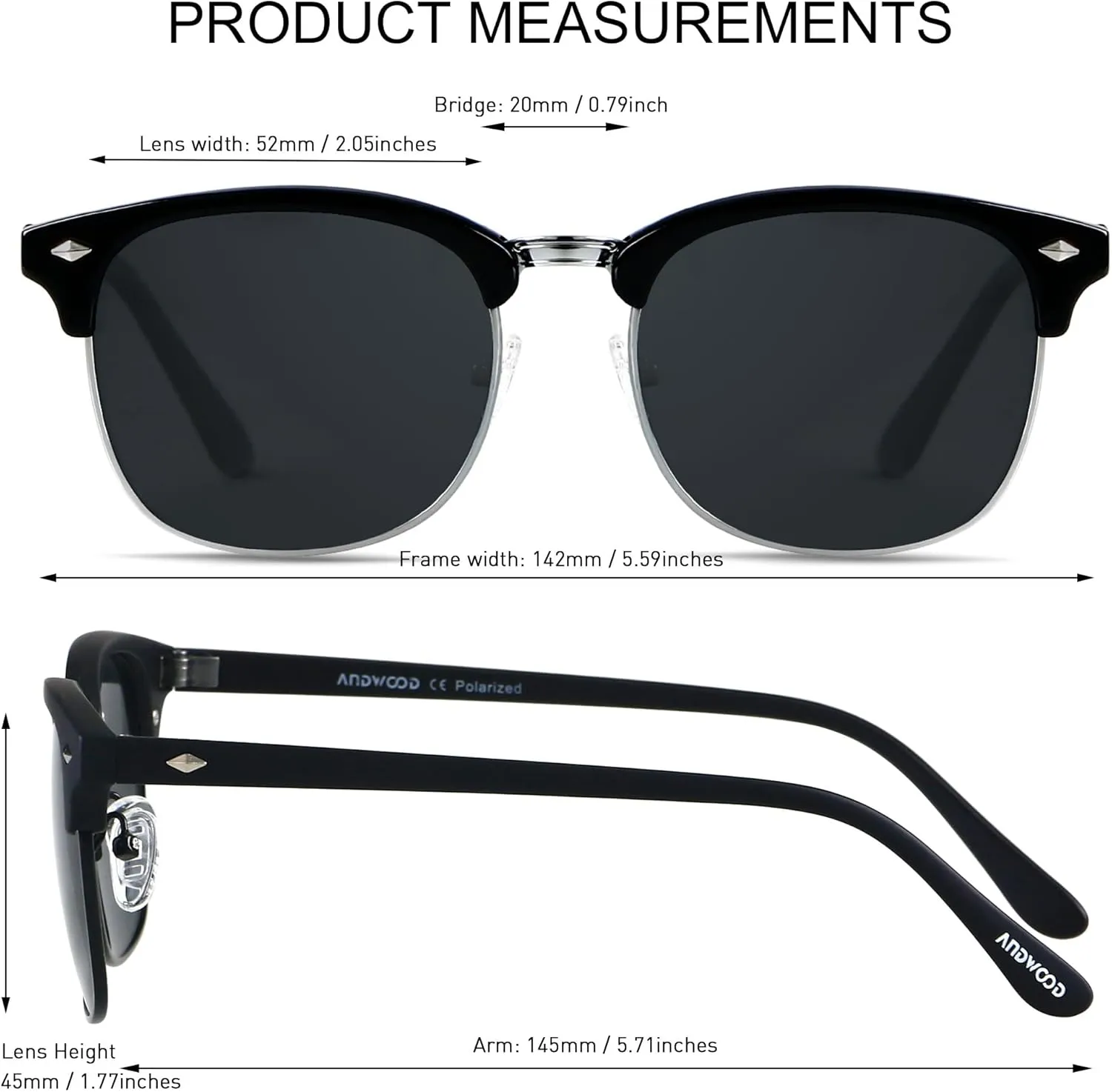 ANDWOOD Polarized Sunglasses for Men Women UV Protection Semi Rimless Sun glasses Classic Half Frame