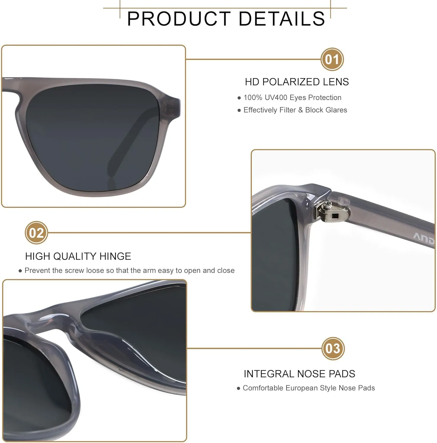 ANDWOOD Square Aviator Sunglasses Polarized Mens Womens UV Protection Sun glasses