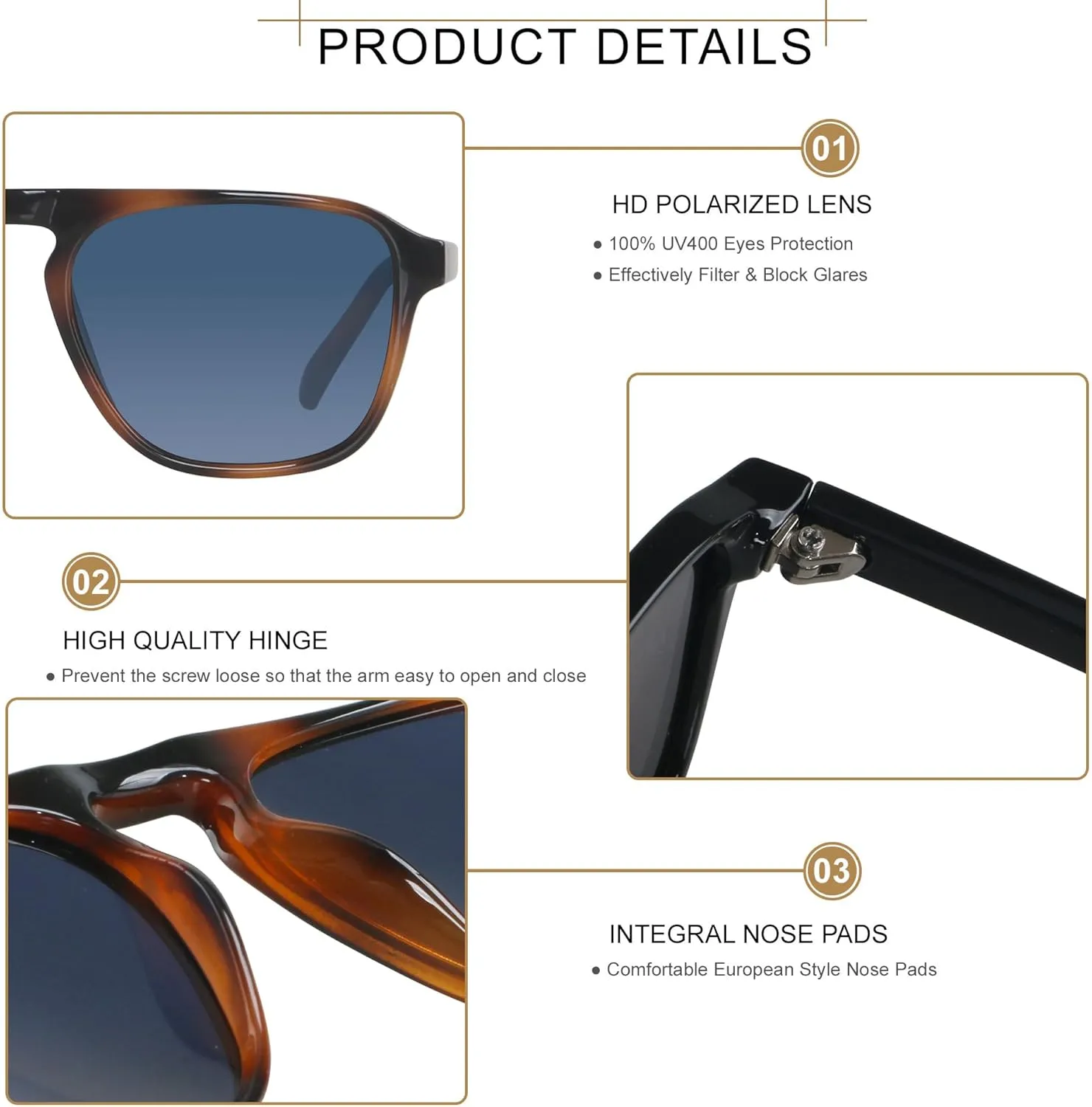 ANDWOOD Square Aviator Sunglasses Polarized Mens Womens UV Protection Sun glasses
