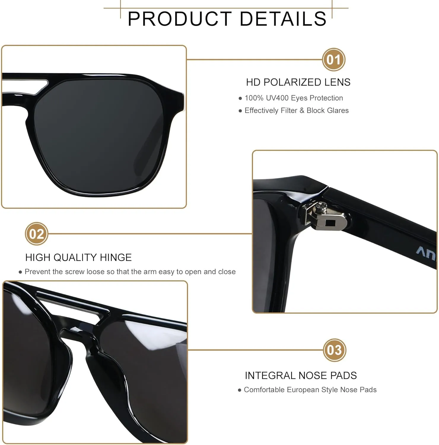 ANDWOOD Trendy Aviator Polarized Sunglasses Men Women Square Stylish Frame Sun Glasses