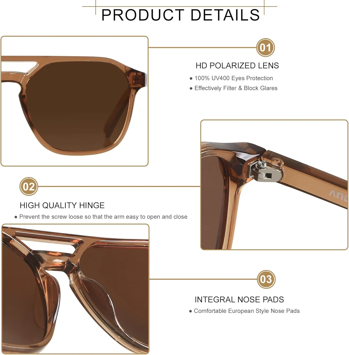 ANDWOOD Trendy Aviator Polarized Sunglasses Men Women Square Stylish Frame Sun Glasses