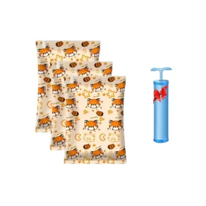 ANYHOUZ Vacuum Storage Bag With Pump 3PC Beige Printed Airtight Sealed Compression Space Saving Organizer