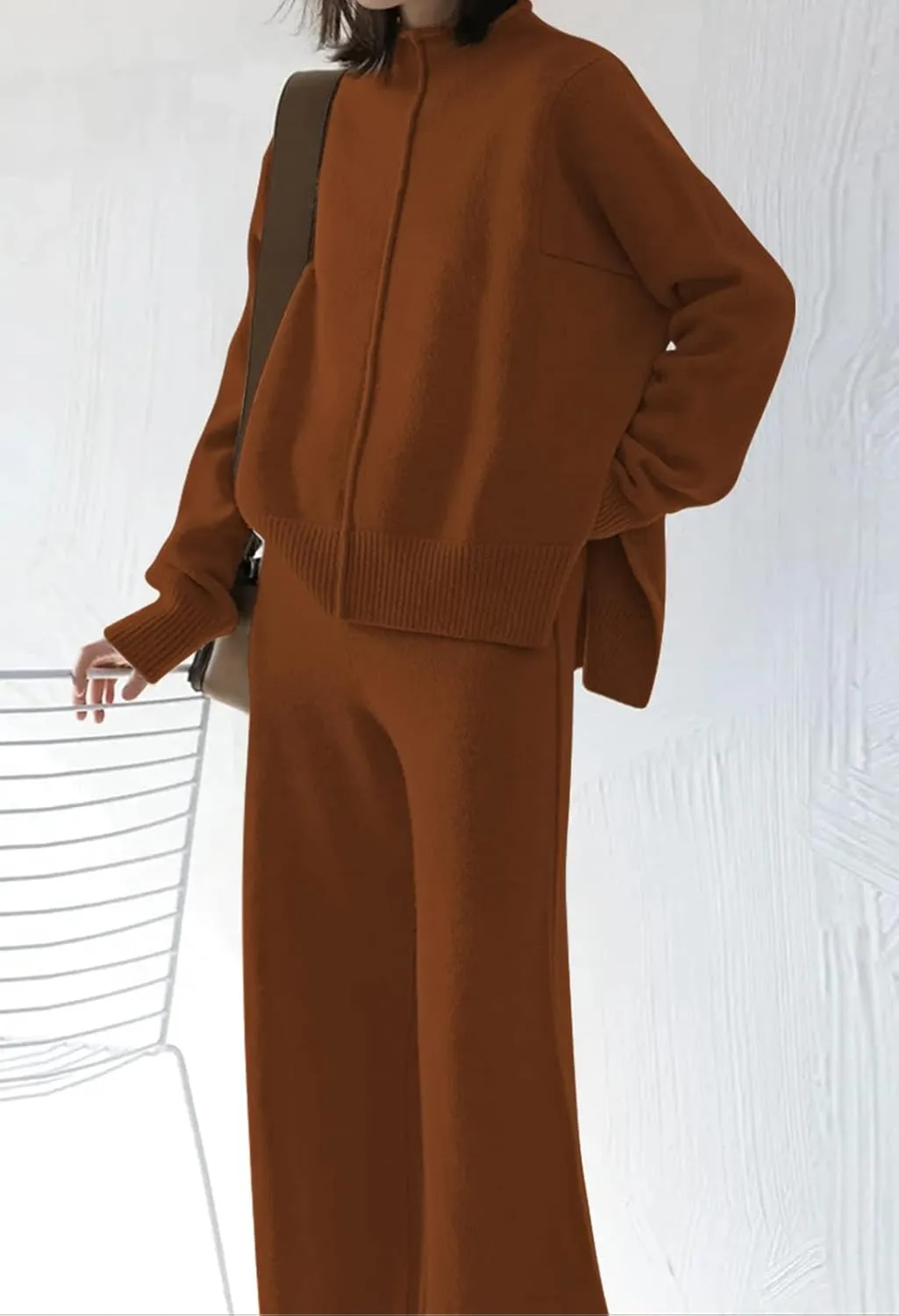 AOHITE Womens 2 Piece Outfit Set Long Sleeve Knit Pullover Sweater Top and Wide Leg Pants Sweatsuit