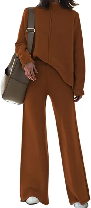 AOHITE Womens 2 Piece Outfit Set Long Sleeve Knit Pullover Sweater Top and Wide Leg Pants Sweatsuit