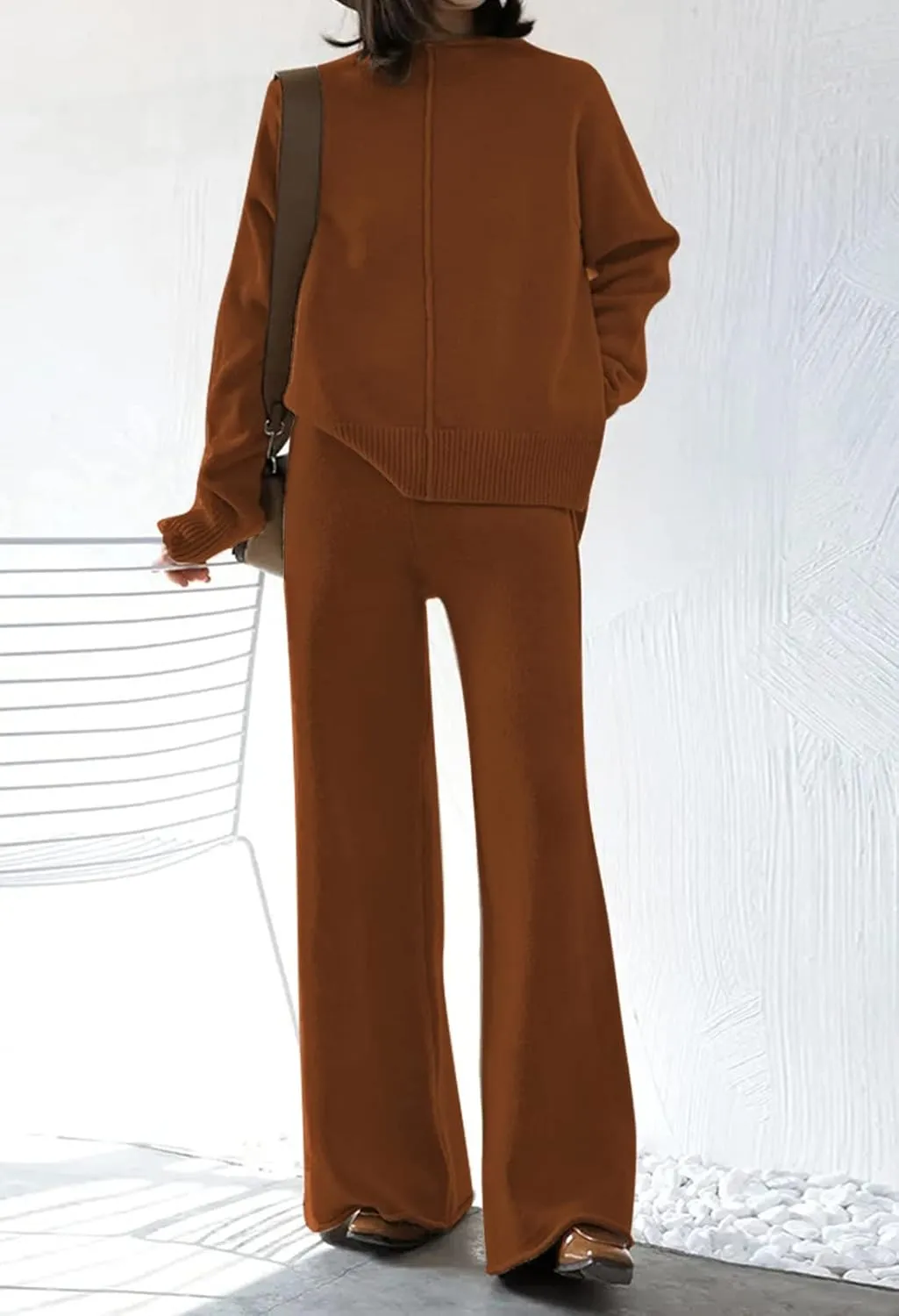 AOHITE Womens 2 Piece Outfit Set Long Sleeve Knit Pullover Sweater Top and Wide Leg Pants Sweatsuit