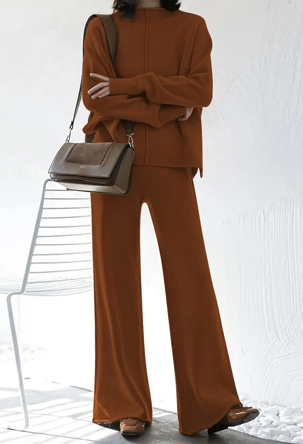AOHITE Womens 2 Piece Outfit Set Long Sleeve Knit Pullover Sweater Top and Wide Leg Pants Sweatsuit