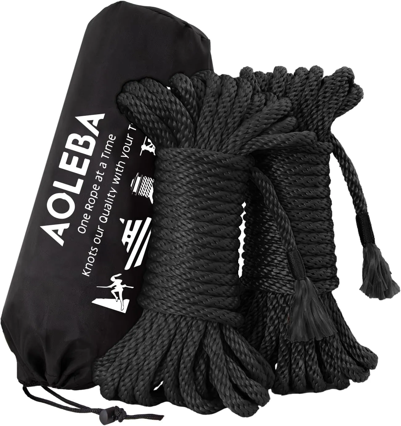 AOLEBA Skin Friendly 8mm Soft Silk Rope Kit for Practice Beginners and Experienced Riggers, Braided Polypropylene Japanese Rope for Simple and Complex Knots, 2 Sets 32 Ft with Dust Bag (Black X2)