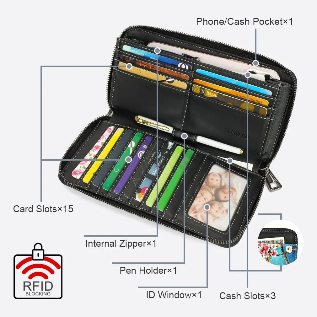 APHISON Wallet Women Large Capacity Clutch Purse For Ladies Card Holder RFID Wristlet Phone Zipper Coin Travel Pocket