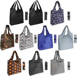 Aricsen 10 Pack 15x4.5x15 Inch Mixed Color Reusable Grocery Bags with Handles Bulk Heavy Duty, Shopping Foldable Kitchen Bags Large Machine Washable for Pocket Nylon Tote, Polyester Cloth