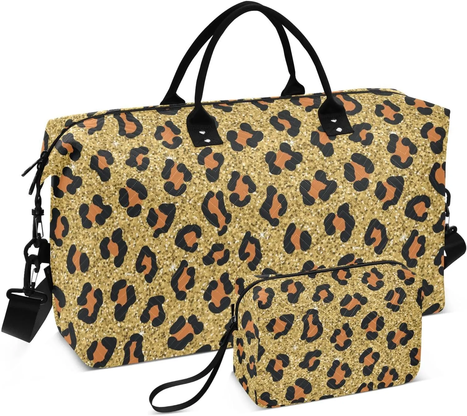 Aslsiy Travel Duffel Bags for Women Leopard Skin Pattern Weekender Bags Sparkly Sports Duffel Bags Gym Bag with Toiletry Bag Carry on Overnight Bag