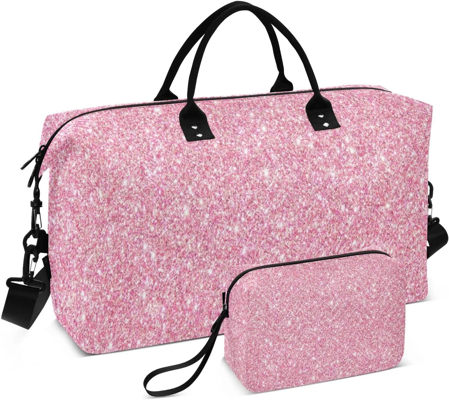 Aslsiy Travel Duffel Bags for Women Pink Glitter Weekender Bags Sparkly Sports Duffel Bags Gym Bag with Toiletry Bag Carry on Overnight Bag