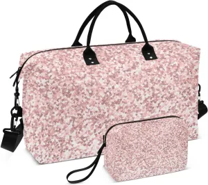 Aslsiy Travel Duffel Bags for Women Pink Golden Glitter Hearts Weekender Bags Sparkly Sports Duffel Bags Gym Bag with Toiletry Bag Carry on Overnight Bag