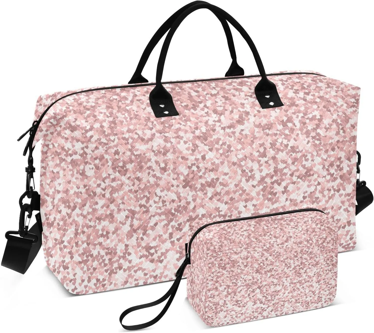 Aslsiy Travel Duffel Bags for Women Pink Golden Glitter Hearts Weekender Bags Sparkly Sports Duffel Bags Gym Bag with Toiletry Bag Carry on Overnight Bag
