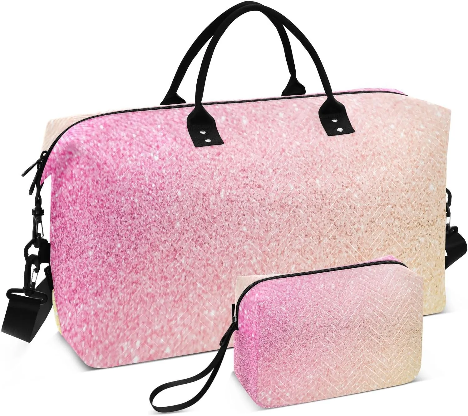 Aslsiy Travel Duffel Bags for Women Pink Yellow Glitter Weekender Bags Sparkly Sports Duffel Bags Gym Bag with Toiletry Bag Carry on Overnight Bag
