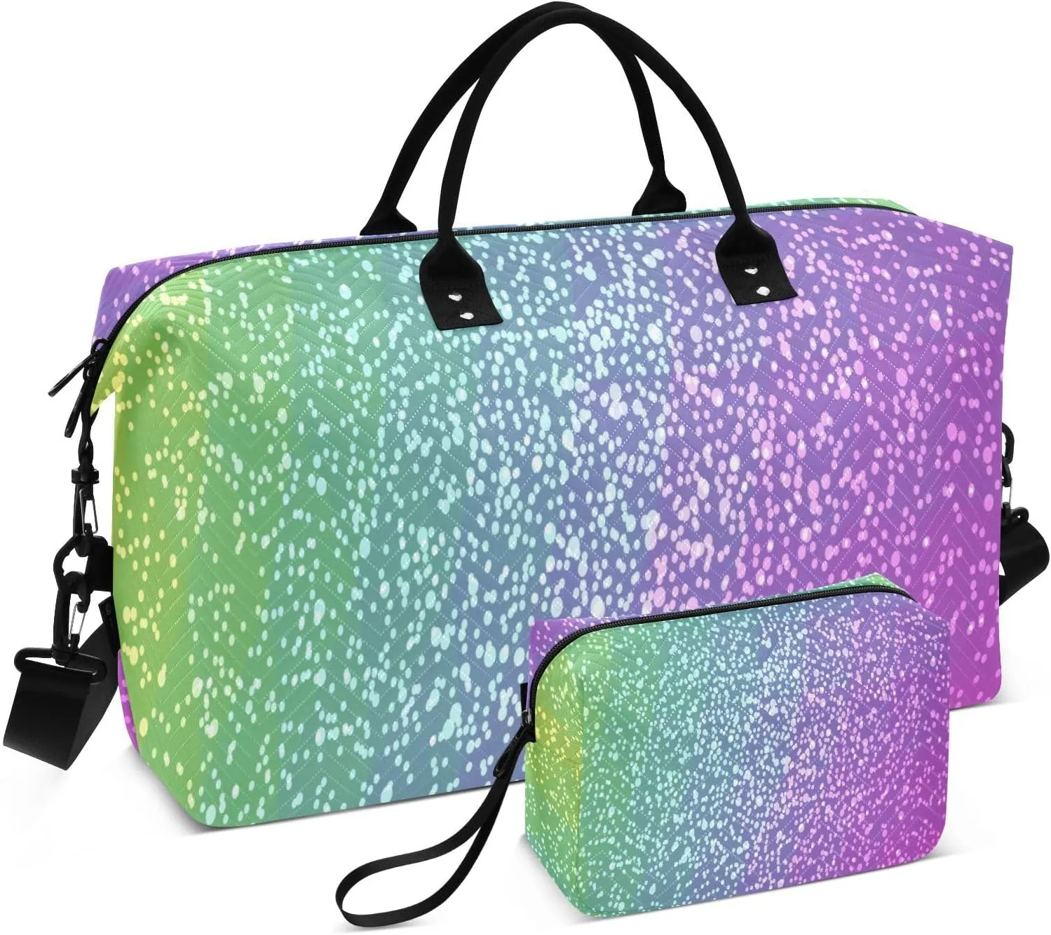 Aslsiy Travel Duffel Bags for Women Rainbow Glitter Weekender Bags Gold Foil Sparkly Sports Duffel Bags Gym Bag with Toiletry Bag Carry on Overnight Bag