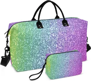 Aslsiy Travel Duffel Bags for Women Rainbow Glitter Weekender Bags Gold Foil Sparkly Sports Duffel Bags Gym Bag with Toiletry Bag Carry on Overnight Bag