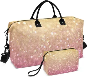 Aslsiy Travel Duffel Bags for Women Twinkle Gold Pink Glitters Weekender Bags Sparkly Sports Duffel Bags Gym Bag with Toiletry Bag Carry on Overnight Bag