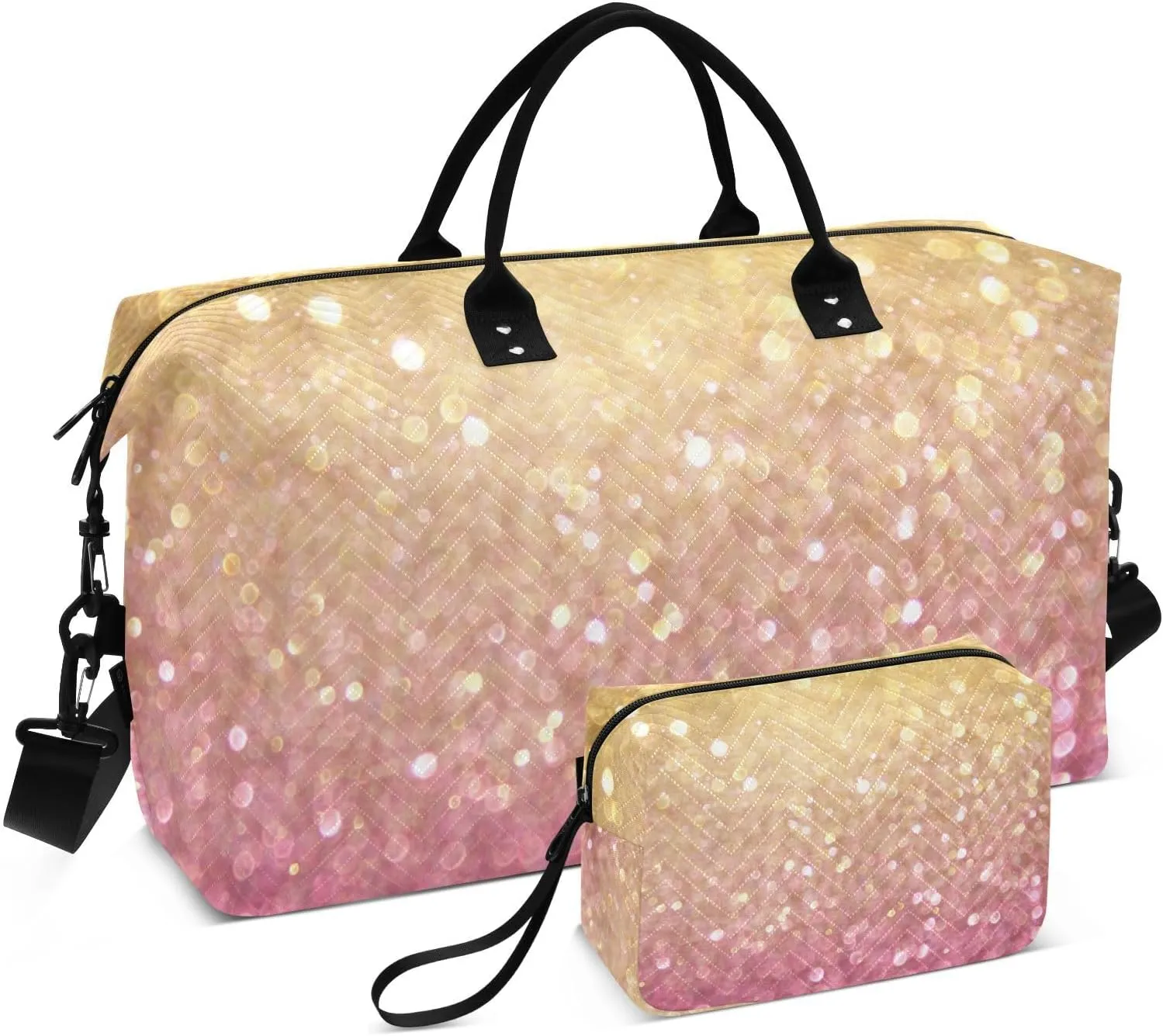 Aslsiy Travel Duffel Bags for Women Twinkle Gold Pink Glitters Weekender Bags Sparkly Sports Duffel Bags Gym Bag with Toiletry Bag Carry on Overnight Bag