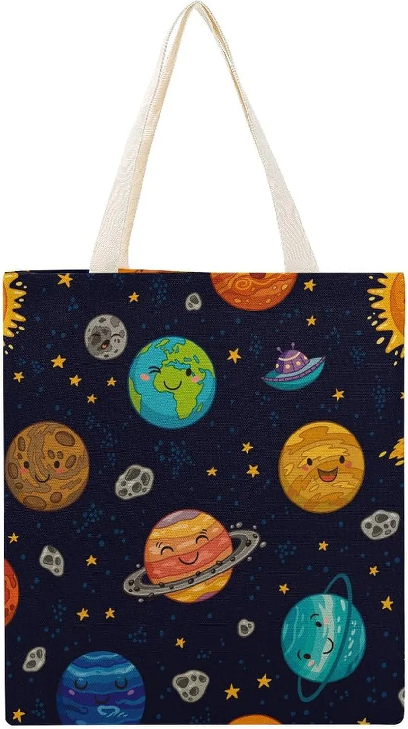 Astro Collection-Sun Mercury Venus Canvas Tote Bag with Handles Reusable Grocery Shopping Printed Beach Handbag for Daily Travel Work